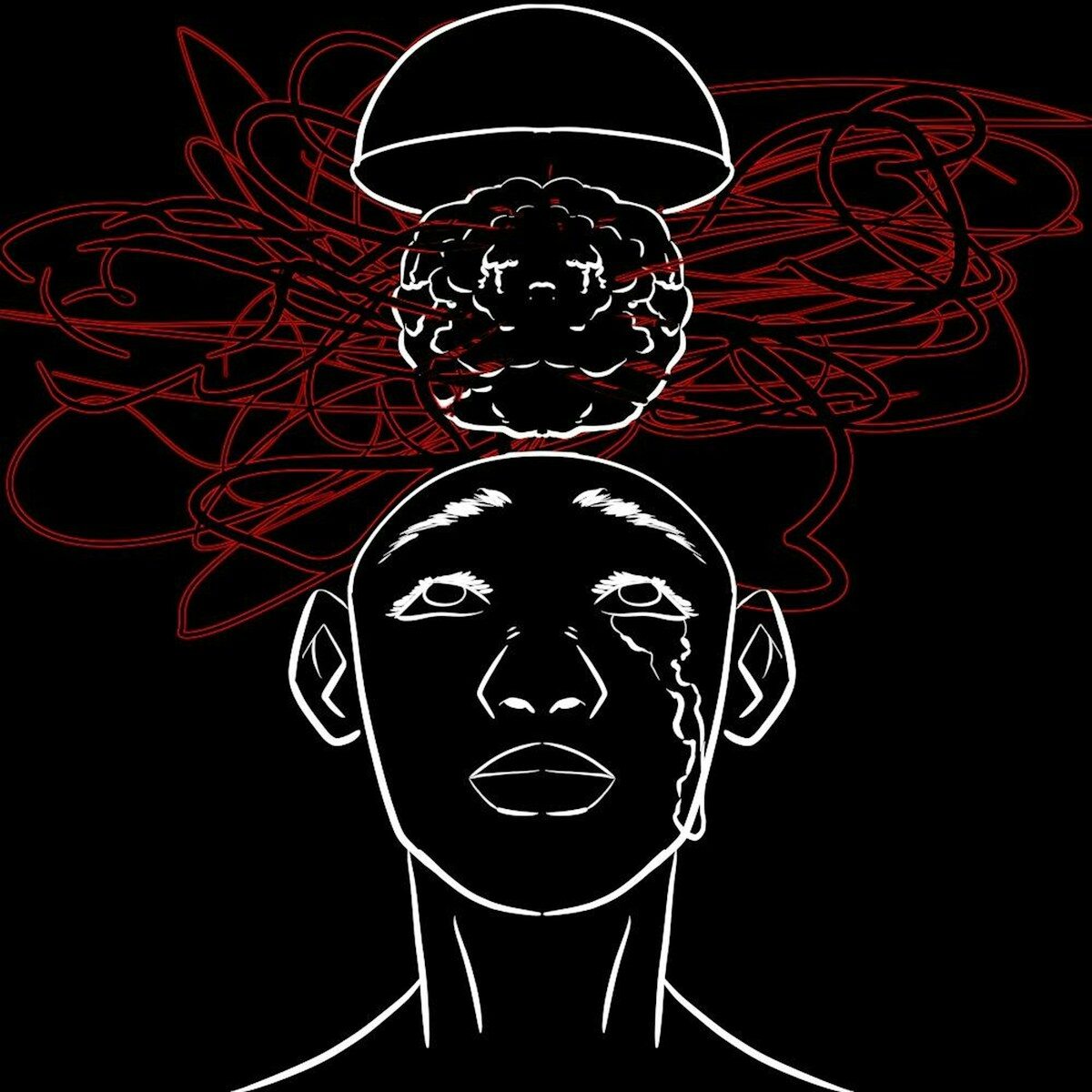 A drawing of a man with a hat on his head